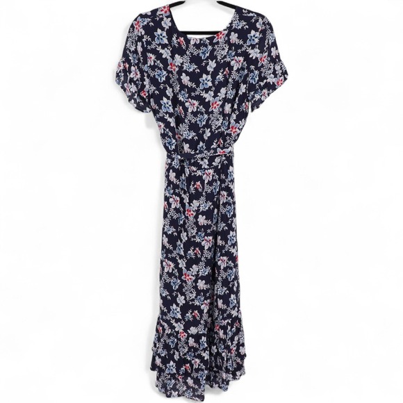 J.Jill Floral Maxi Dress Petite Size LP Blue Crepe Short Sleeve Belt Tie Waist - Picture 8 of 8